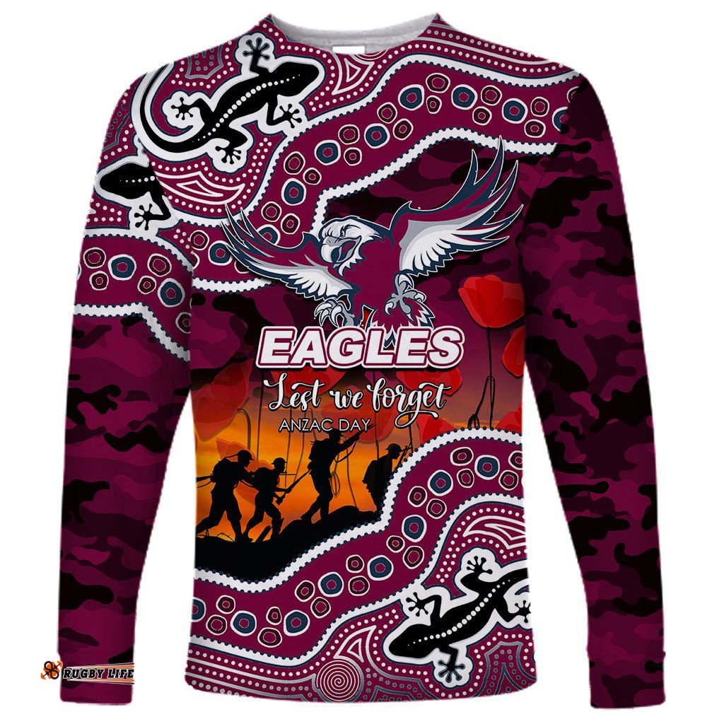 Custom Personalised Anzac Day NRL Sea Eagles Long Sleeve T-shirt Aboriginal Lizard Patterns
