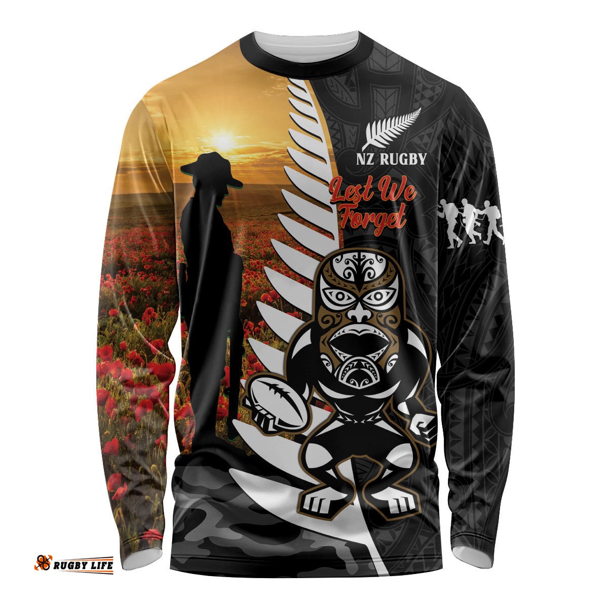 Custom New Zealand Silver Fern Rugby ANZAC Day Long Sleeve T-shirt 2024 All Black Tiki Mascot