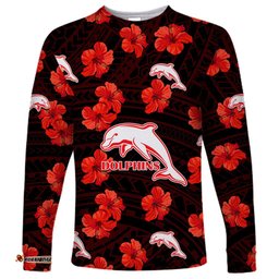 Dolphins Rugby Long Sleeve T-shirt Polynesian Style With Hibiscus