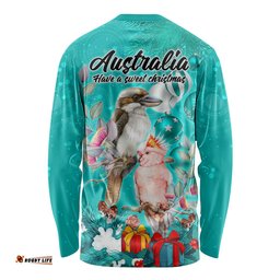 Kookaburra and Cockatoo Long Sleeve T-shirt Australia Merry Christmas Aboriginal Teal Style