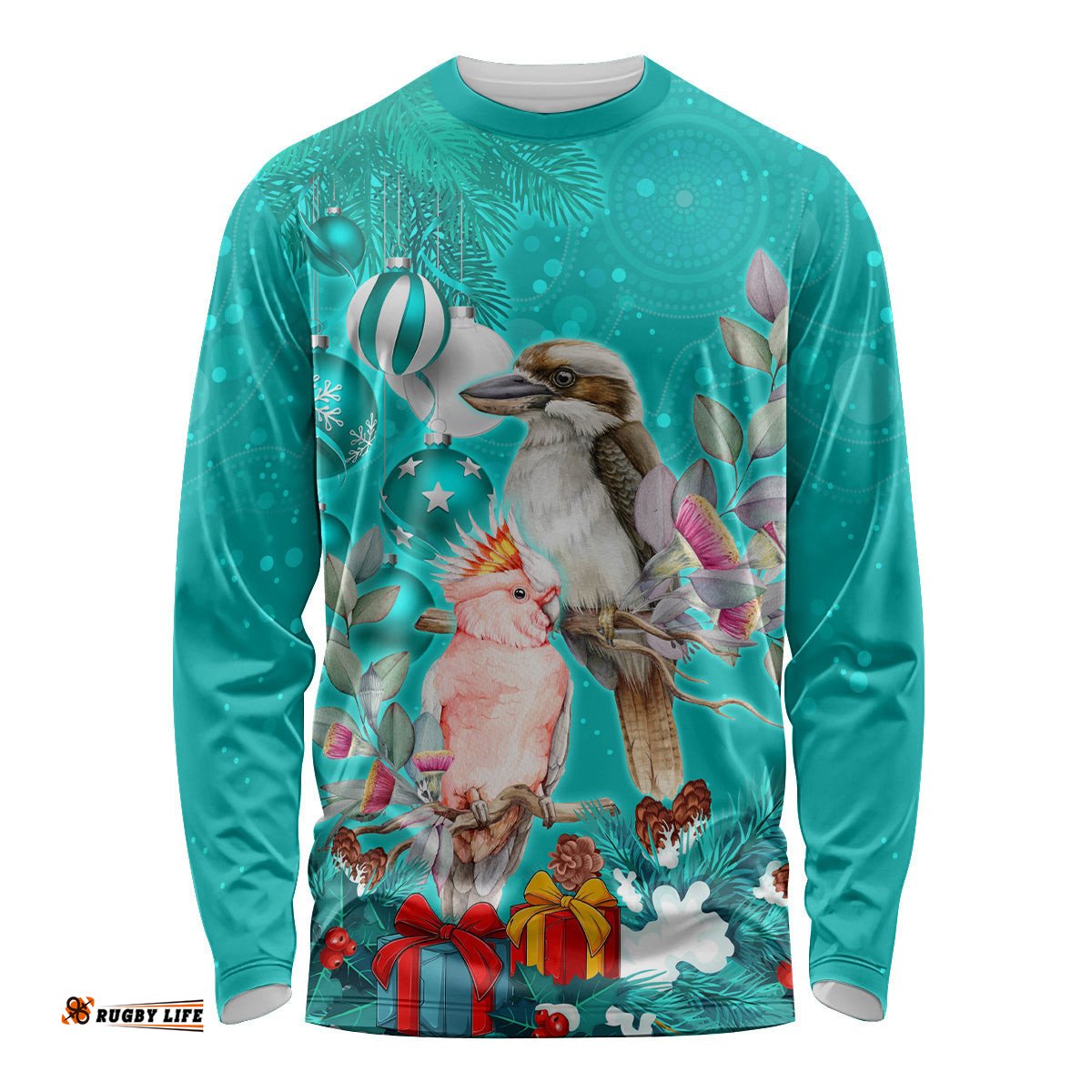Kookaburra and Cockatoo Long Sleeve T-shirt Australia Merry Christmas Aboriginal Teal Style
