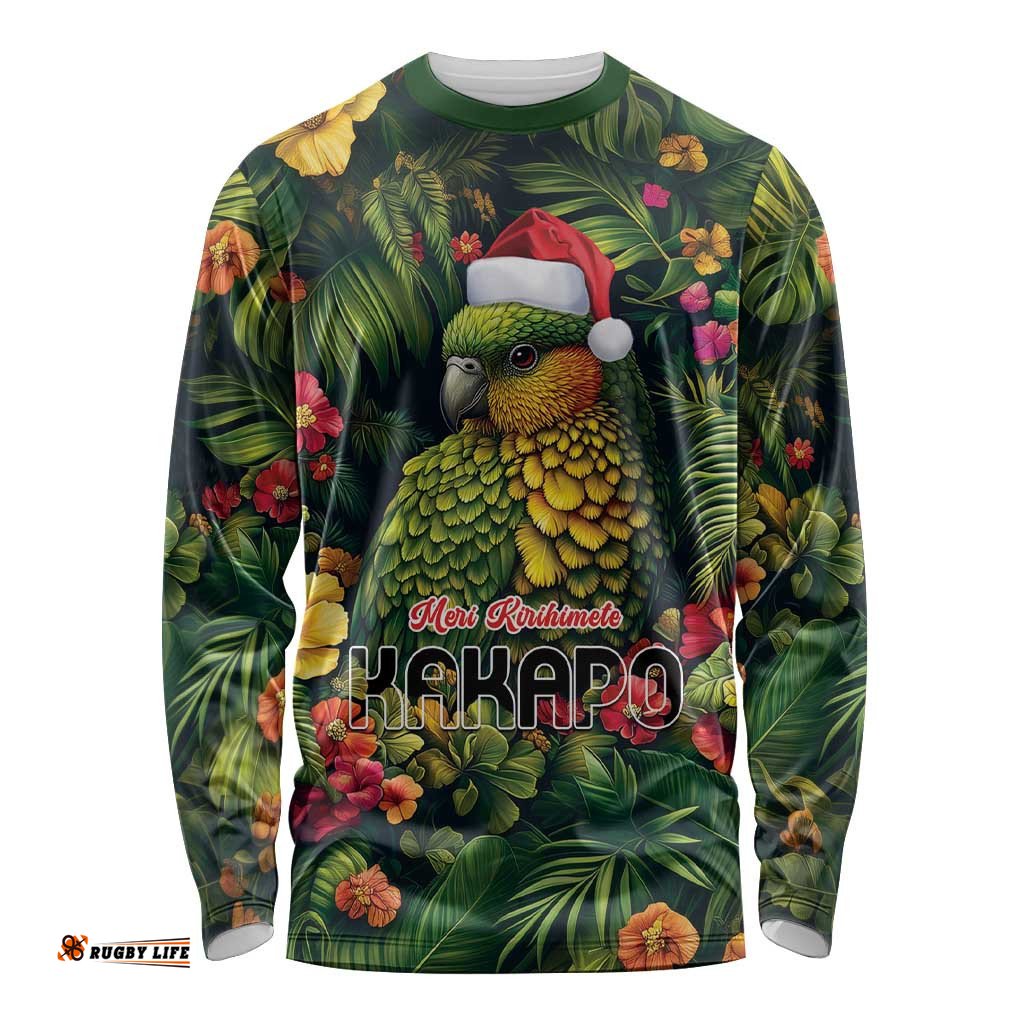 Meri Kirihimete Kakapo Long Sleeve T-shirt New Zealand Christmas with Tropical