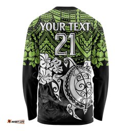 Custom Raiders Rugby Long Sleeve T-shirt Canberra Hibiscus and Turtle With Polynesian Pattern