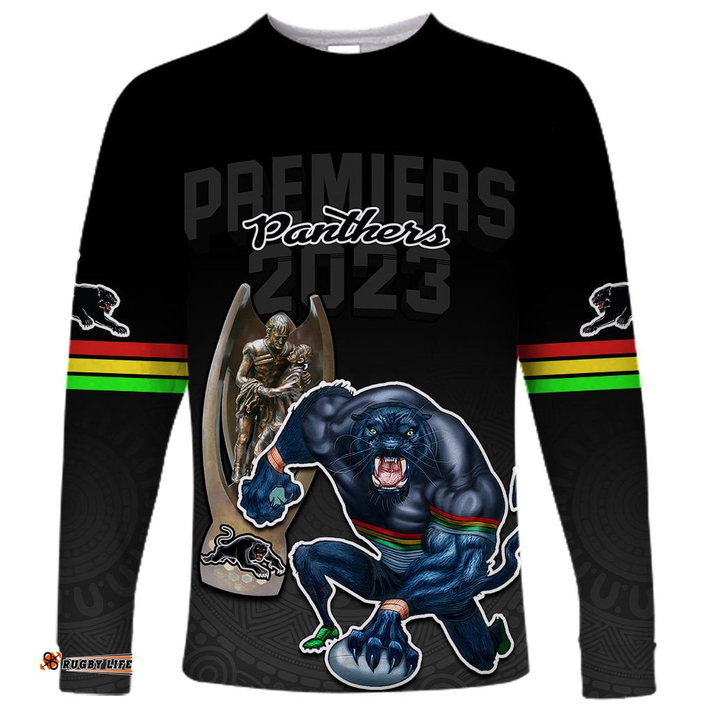 Custom Panthers Premier Long Sleeve T-shirt Mascot with NRL Trophy Black Version