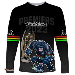 Custom Panthers Premier Long Sleeve T-shirt Mascot with NRL Trophy Black Version