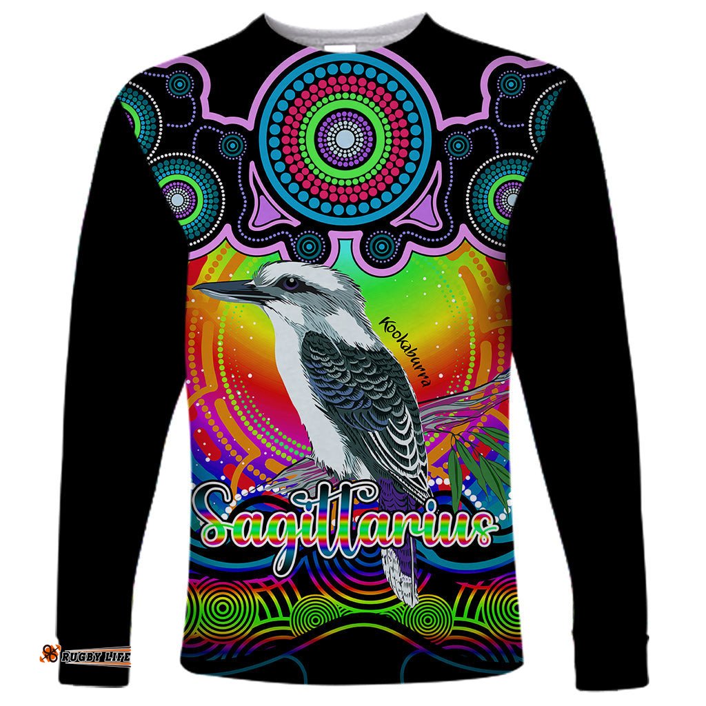 Personalised Australia Sagittarius Kookaburra Zodiac Long Sleeve T-shirt Auz Astrology Aboriginal Rainbow