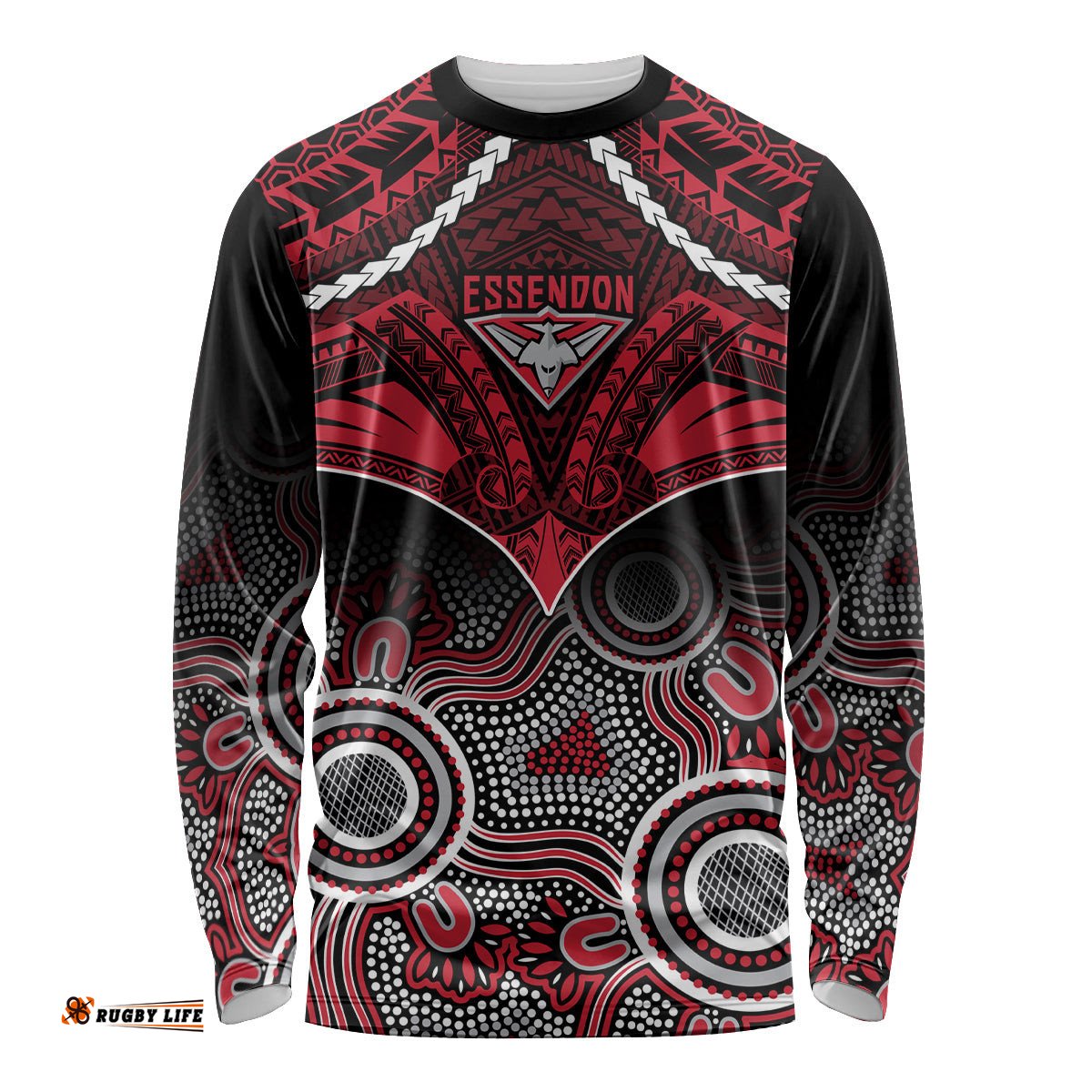 Essendon Football Long Sleeve T-shirt Bombers Aboriginal Mix Polynesian Pattern