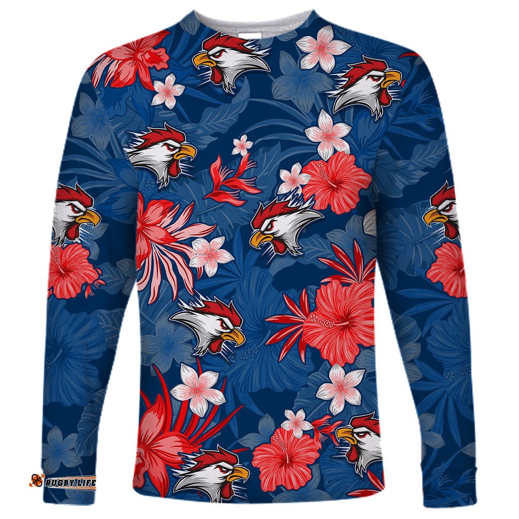 Custom Roosters Rugby Long Sleeve T-shirt Beautiful Floral Pattern Spring Summer
