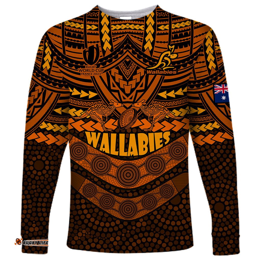 Custom Wallabies Rugby Long Sleeve T-shirt Polynesian and Aboriginal Special Orange Version