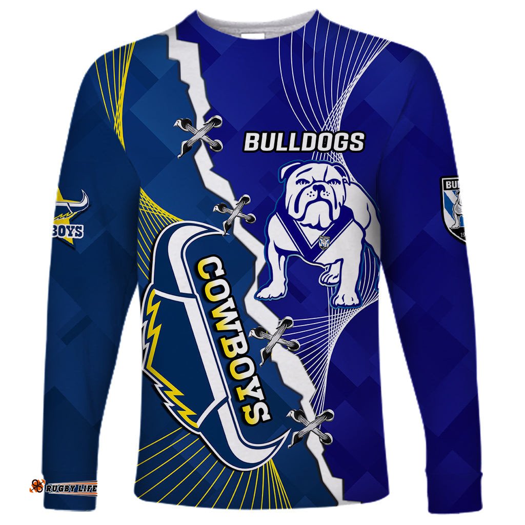 Custom Personalised Bulldogs Mix Cowboys Rugby Long Sleeve T-shirt Sporty Style