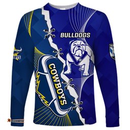 Custom Personalised Bulldogs Mix Cowboys Rugby Long Sleeve T-shirt Sporty Style