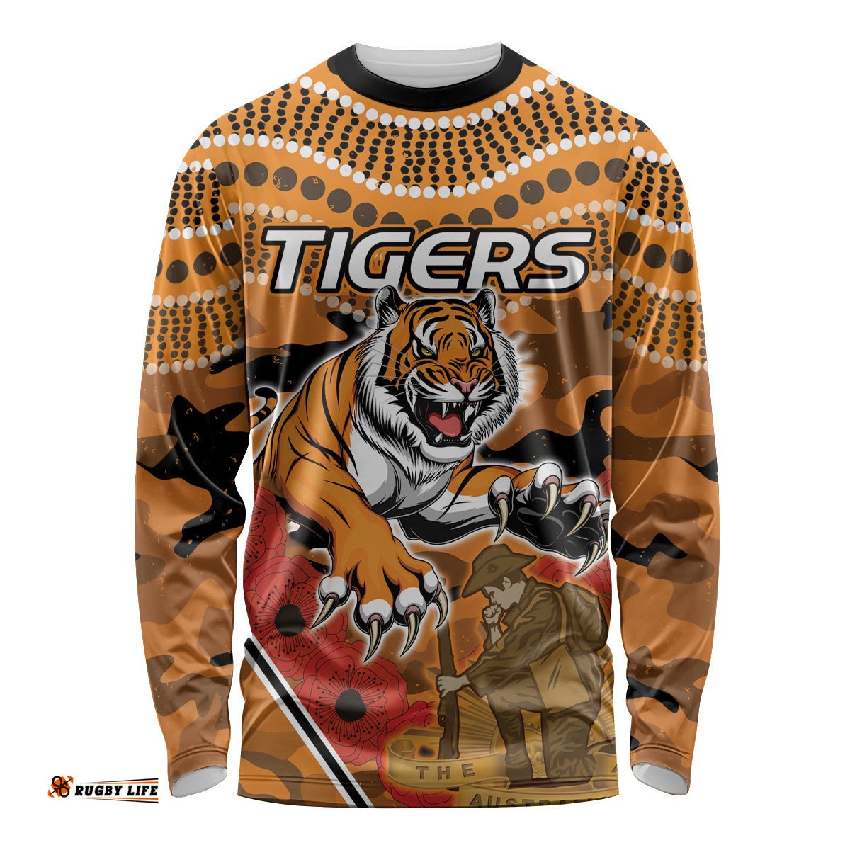 Custom Wests Tigers Rugby ANZAC Long Sleeve T-shirt Aboriginal and Army Patterns