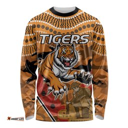 Custom Wests Tigers Rugby ANZAC Long Sleeve T-shirt Aboriginal and Army Patterns