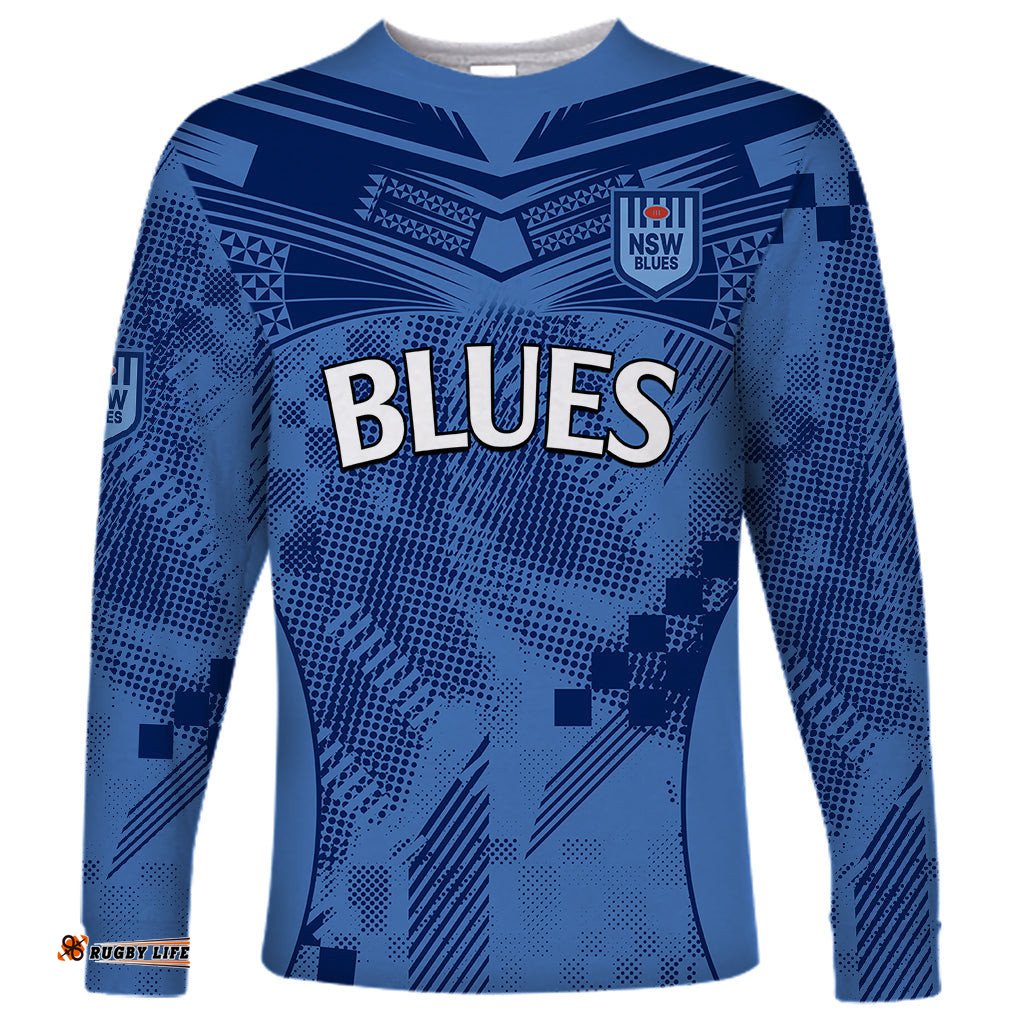 Custom Text And Number NSW Blues Rugby Long Sleeve T-shirt Origin New South Wales Sporty Style
