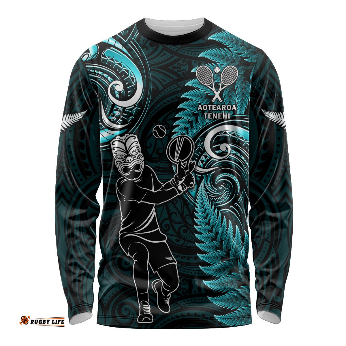 Custom New Zealand Tiki Tennis Long Sleeve T-shirt 2024 Aotearoa Tenehi Maori Silver Fern Turquoise