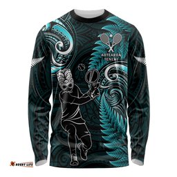 Custom New Zealand Tiki Tennis Long Sleeve T-shirt 2024 Aotearoa Tenehi Maori Silver Fern Turquoise