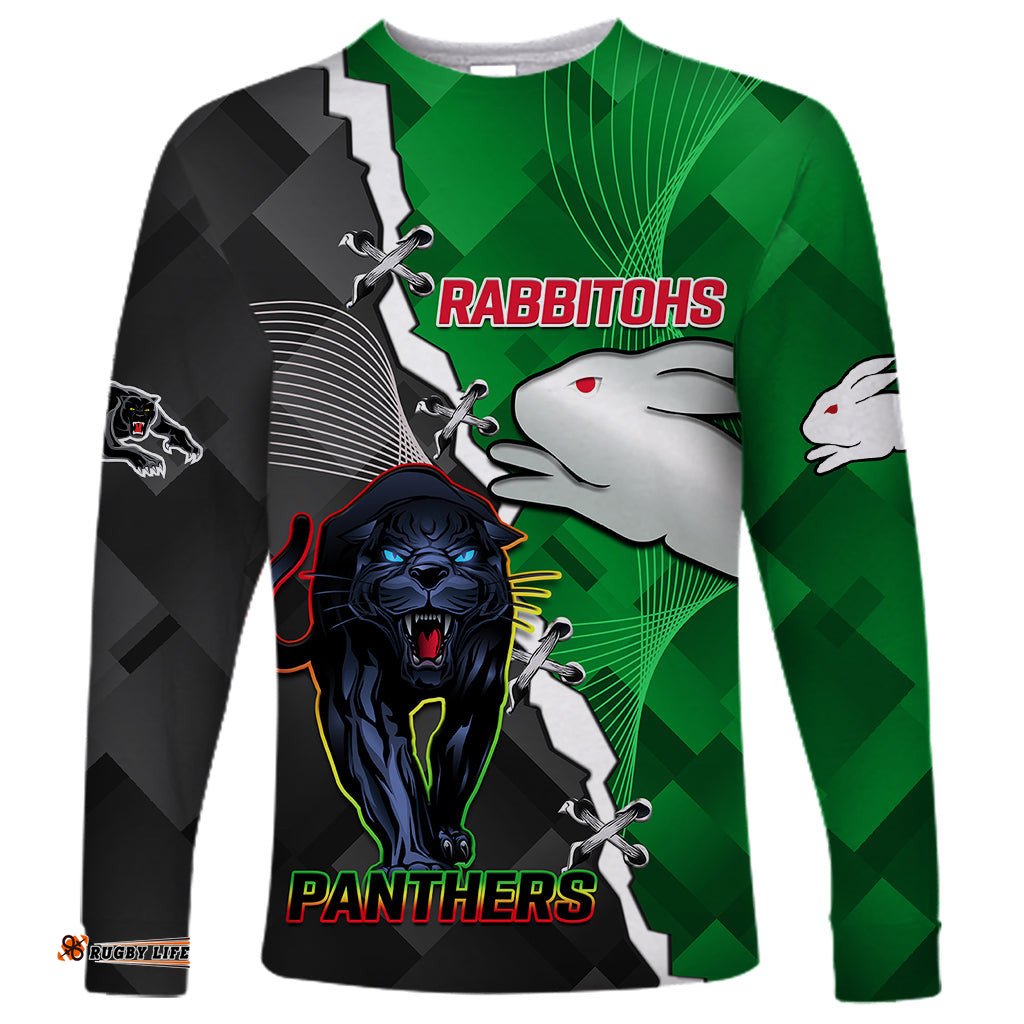 Custom Personalised Rabbitohs Mix Panthers Rugby Long Sleeve T-shirt Sporty Style