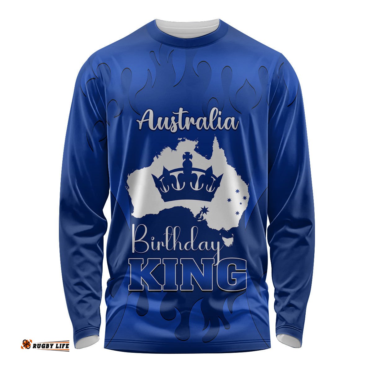 Personalised Australia King Birthday Long Sleeve T-shirt Australian Map With Crown Blue Version