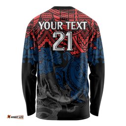 Custom Roosters Rugby Long Sleeve T-shirt Sydney Hibiscus and Turtle With Polynesian Pattern