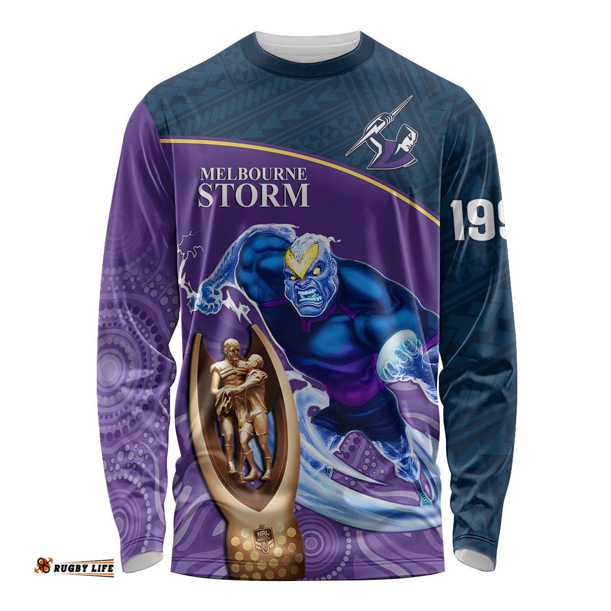 Custom Storm Rugby Long Sleeve T-shirt Go Champions Mascot With Polynesian Indigenous Art