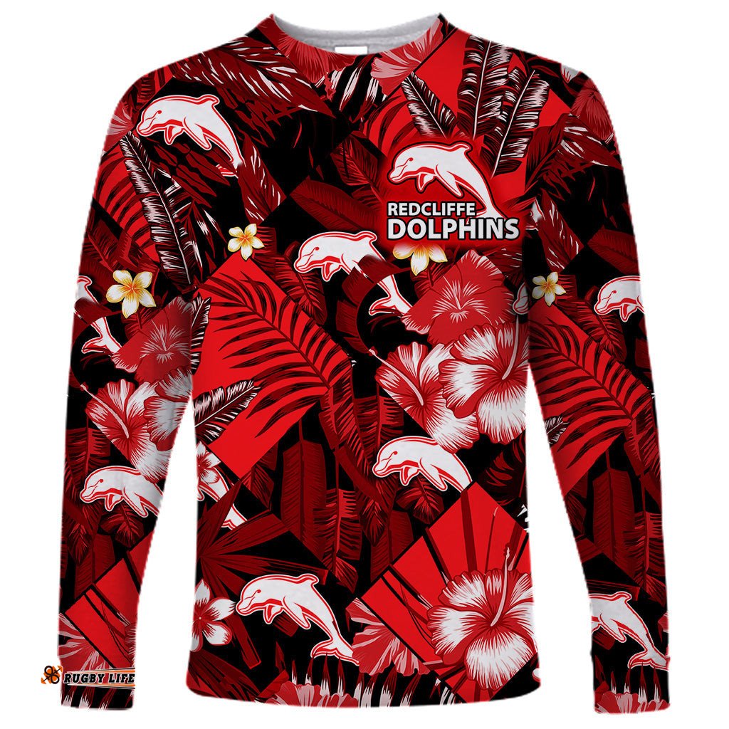 Custom Personalised Dolphins Rugby Long Sleeve T-shirt Fashion Tropical Jungle Flowers
