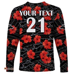 Custom Text And Number Panthers Rugby Long Sleeve T-shirt Polynesian Style With Hibiscus