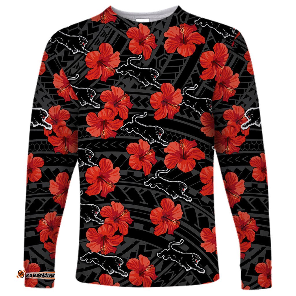Custom Text And Number Panthers Rugby Long Sleeve T-shirt Polynesian Style With Hibiscus