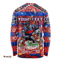 Custom Knights Rugby Merry Christmas Long Sleeve T-shirt Indigenous Australian Art