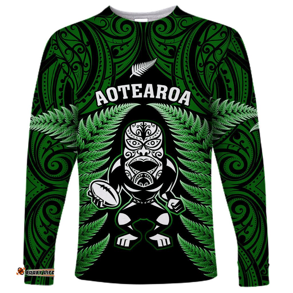 New Zealand Aotearoa Rugby Long Sleeve T-shirt NZ Tiki With Maori Fern World Cup Green Version