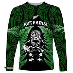 New Zealand Aotearoa Rugby Long Sleeve T-shirt NZ Tiki With Maori Fern World Cup Green Version