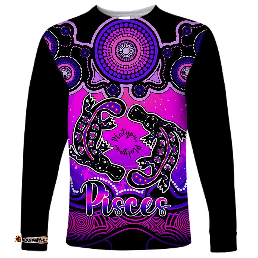 Personalised Australia Pisces Platypus Zodiac Long Sleeve T-shirt Auz Astrology Aboriginal Magenta