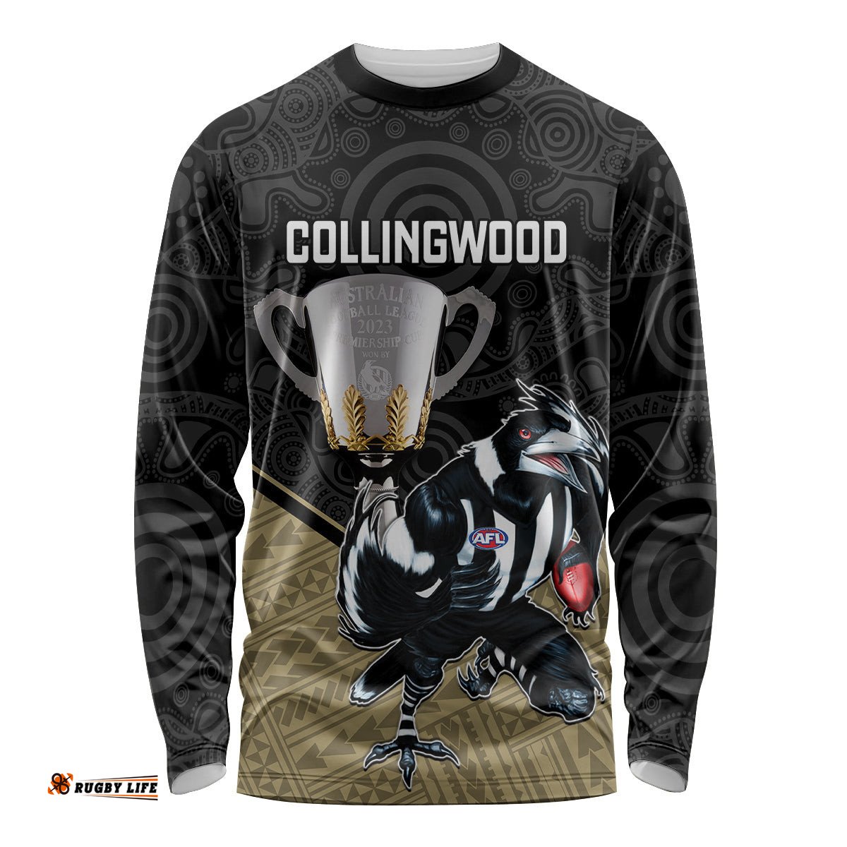 Personalised Collingwood Football Long Sleeve T-shirt Magpies Go Champions Polynesian Indigenous Art