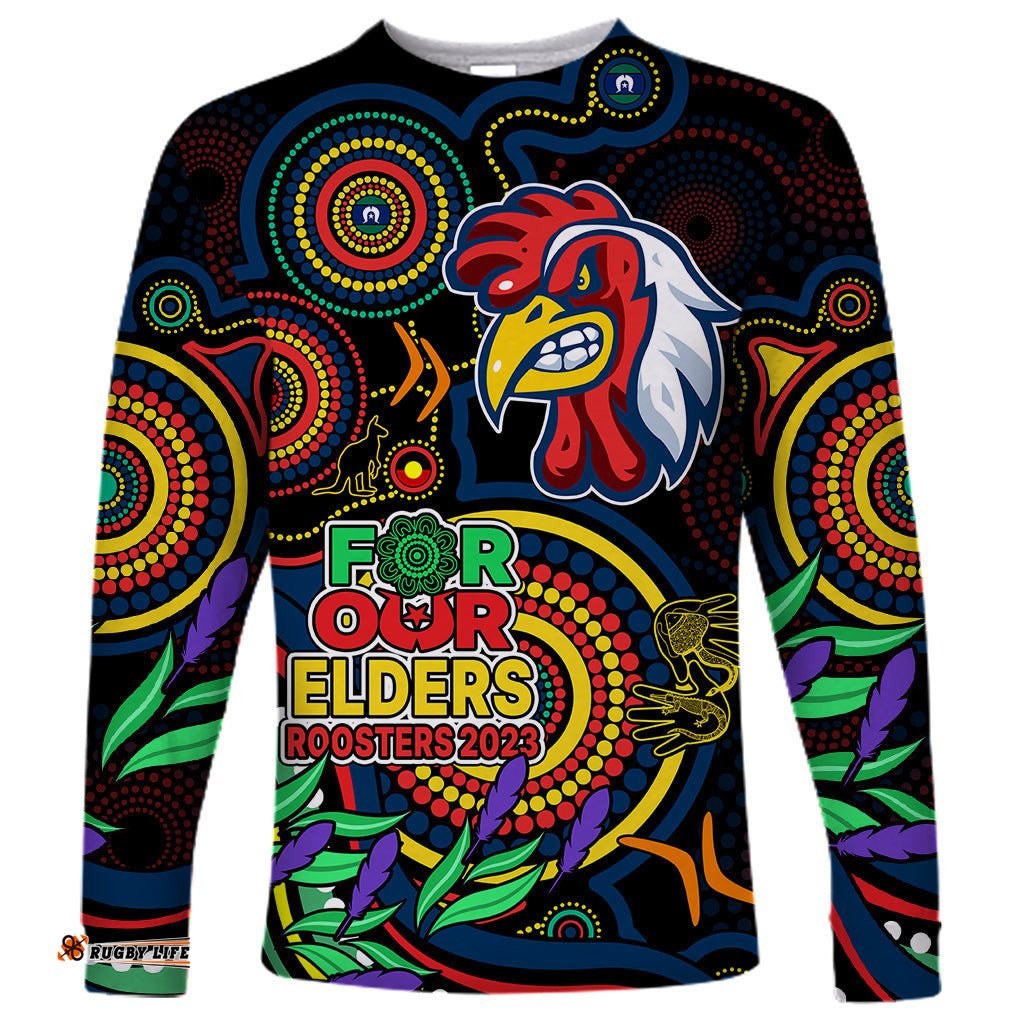 Custom Roosters Rugby Aboriginal Art Long Sleeve T-shirt NAIDOC Indigenous Tribal