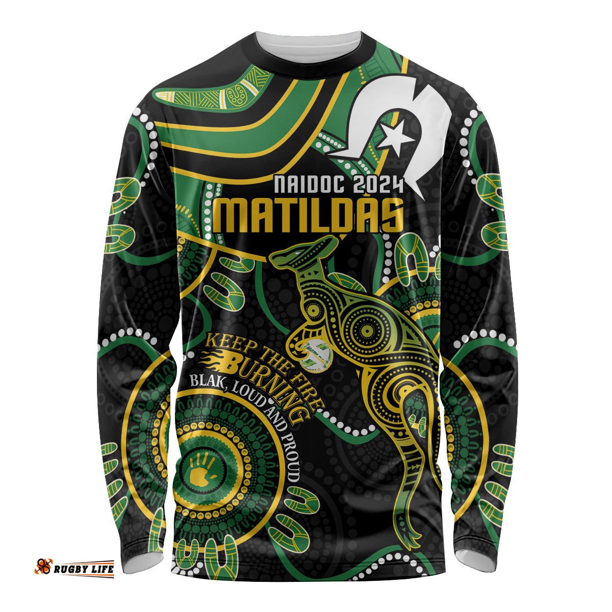 Custom Matildas NAIDOC Week Long Sleeve T-shirt Australia Kangaroo Keep The Fire Burning Black