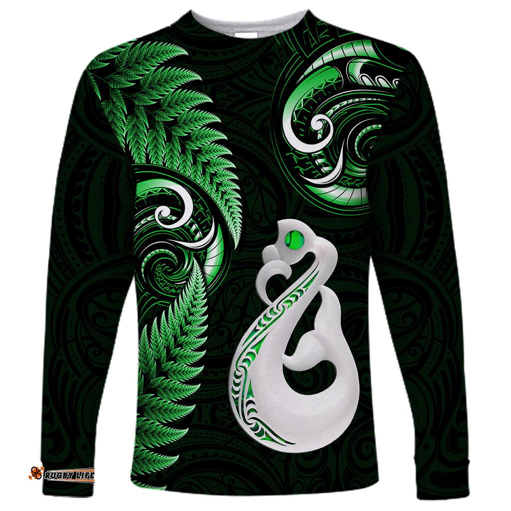 Personalised New Zealand Long Sleeve T-shirt Aotearoa Silver Fern With Manaia Maori Unique Green