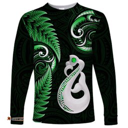 Personalised New Zealand Long Sleeve T-shirt Aotearoa Silver Fern With Manaia Maori Unique Green