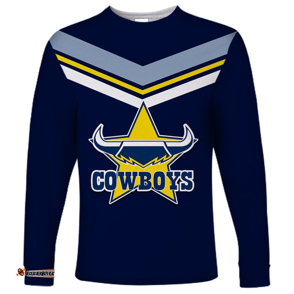 Custom Text And Number NRL Cowboys Long Sleeve T-shirt New Jersey Blue