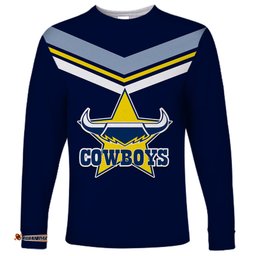 Custom Text And Number NRL Cowboys Long Sleeve T-shirt New Jersey Blue