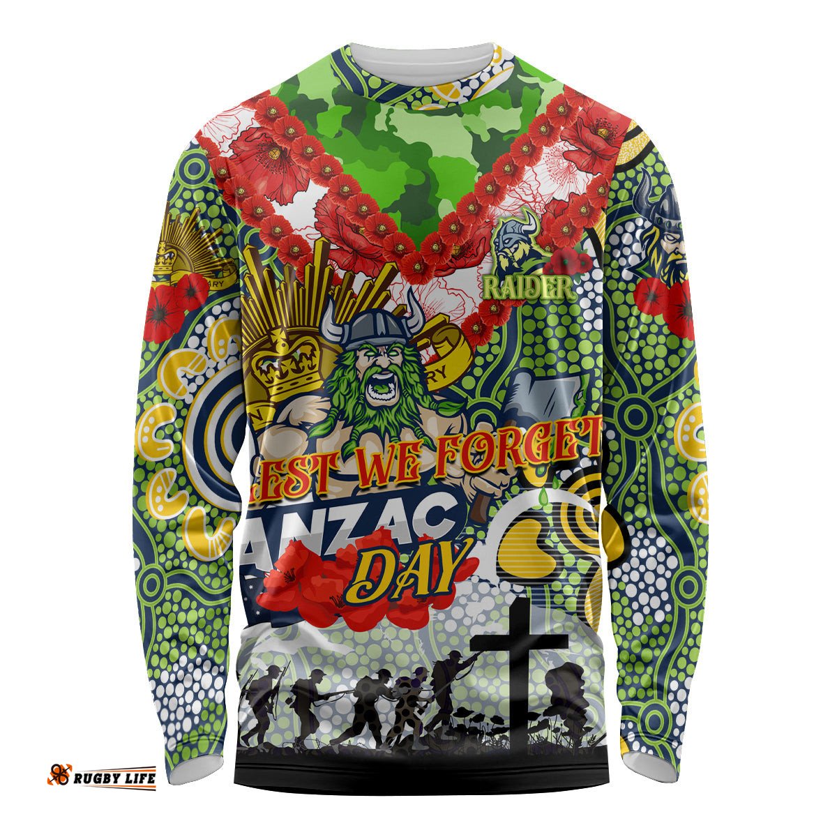 Personalised Raiders ANZAC Day Long Sleeve T-shirt Aboriginal Rising Sun