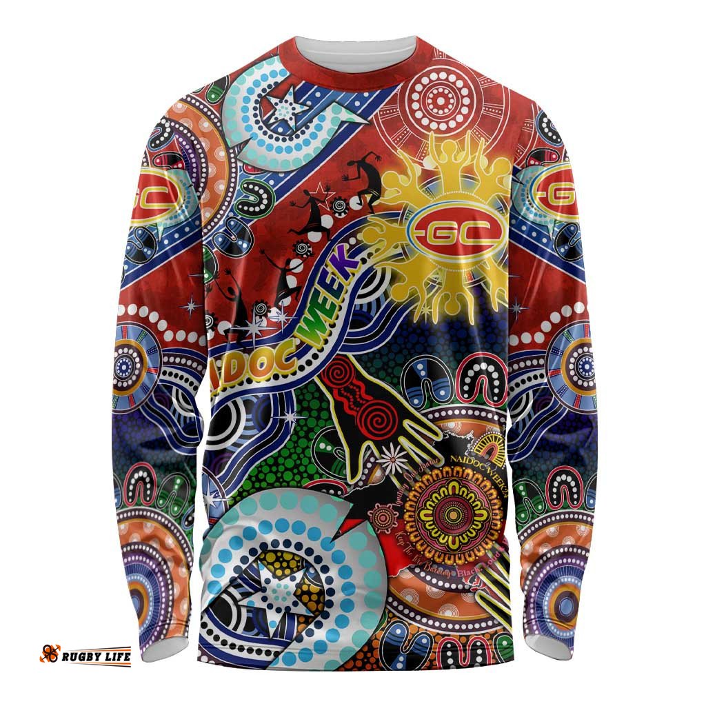 Custom NAIDOC Week 2024 Gold Coast Suns Long Sleeve T-shirt Australia Aboriginal Dot Painting