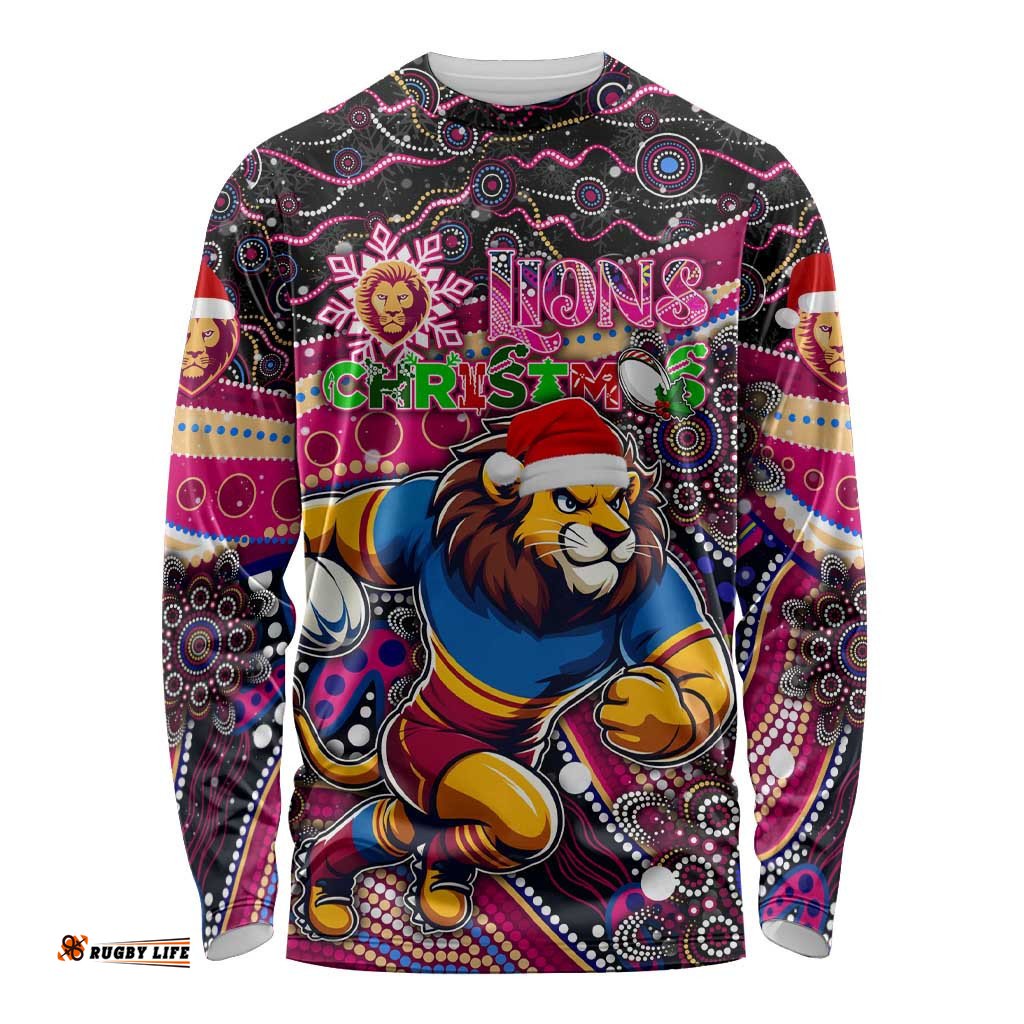Merry Christmas AFL Brisbane Lions Long Sleeve T-shirt Aboriginal Santa Football Mascot