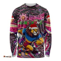 Merry Christmas AFL Brisbane Lions Long Sleeve T-shirt Aboriginal Santa Football Mascot
