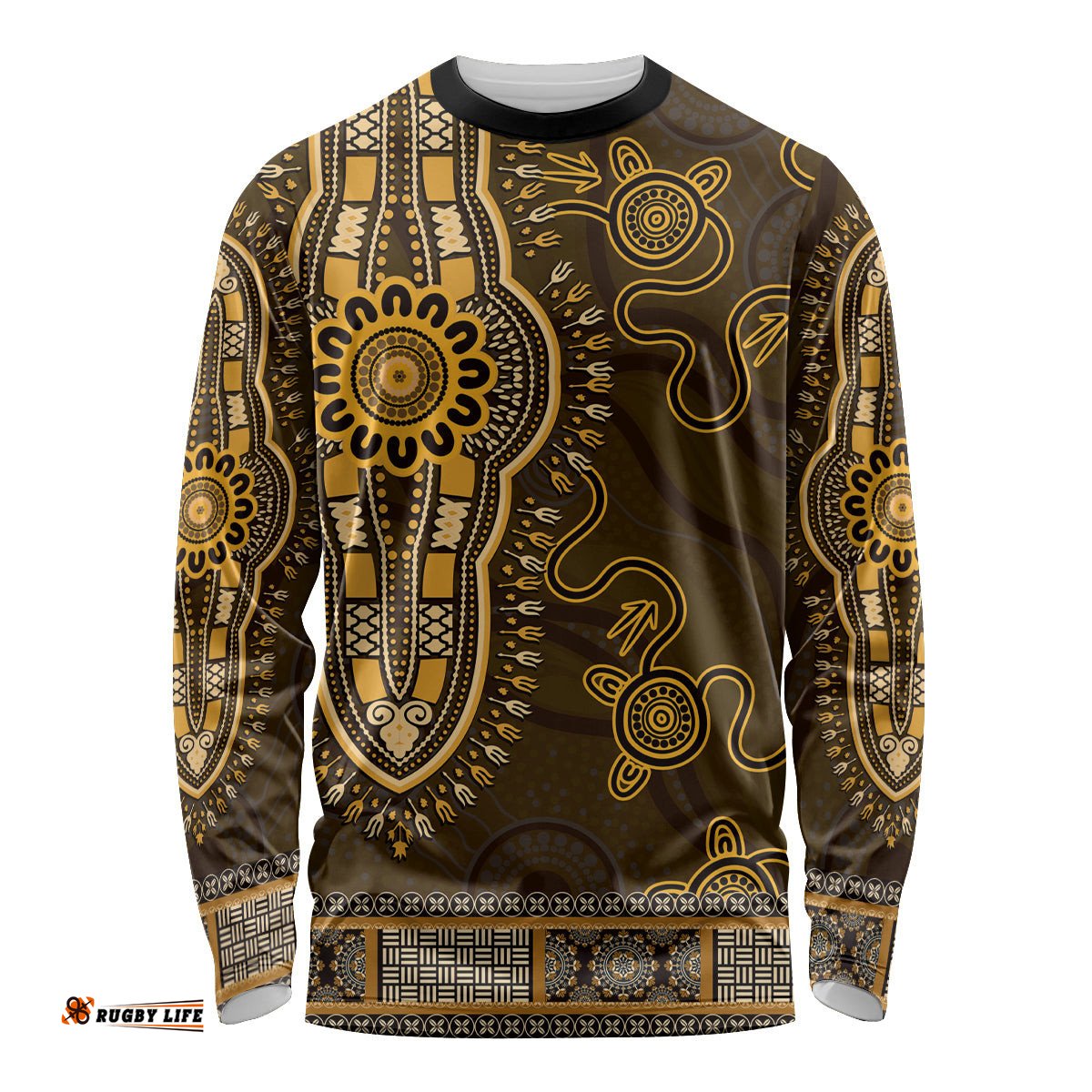 Gold African Dashiki With Australia Aboriginal Art Long Sleeve T-shirt