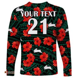 Custom Text And Number Rabbitohs Rugby Long Sleeve T-shirt Polynesian Style With Hibiscus