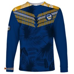Custom Text And Number Parramatta Eels Rugby Long Sleeve T-shirt Simple Hawaiian Palms Leaf