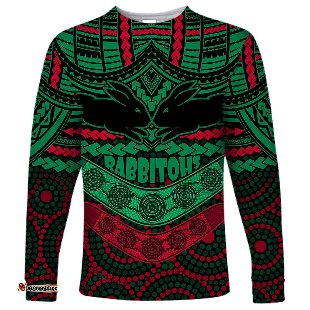 Custom Rabbitohs Rugby Long Sleeve T-shirt Polynesian and Aboriginal Special Version