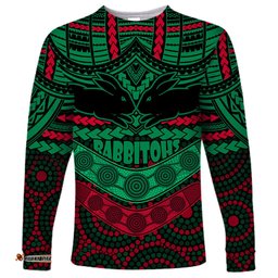 Custom Rabbitohs Rugby Long Sleeve T-shirt Polynesian and Aboriginal Special Version