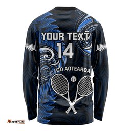 Custom New Zealand Tiki Tennis Long Sleeve T-shirt 2024 Aotearoa Tenehi Maori Silver Fern Blue