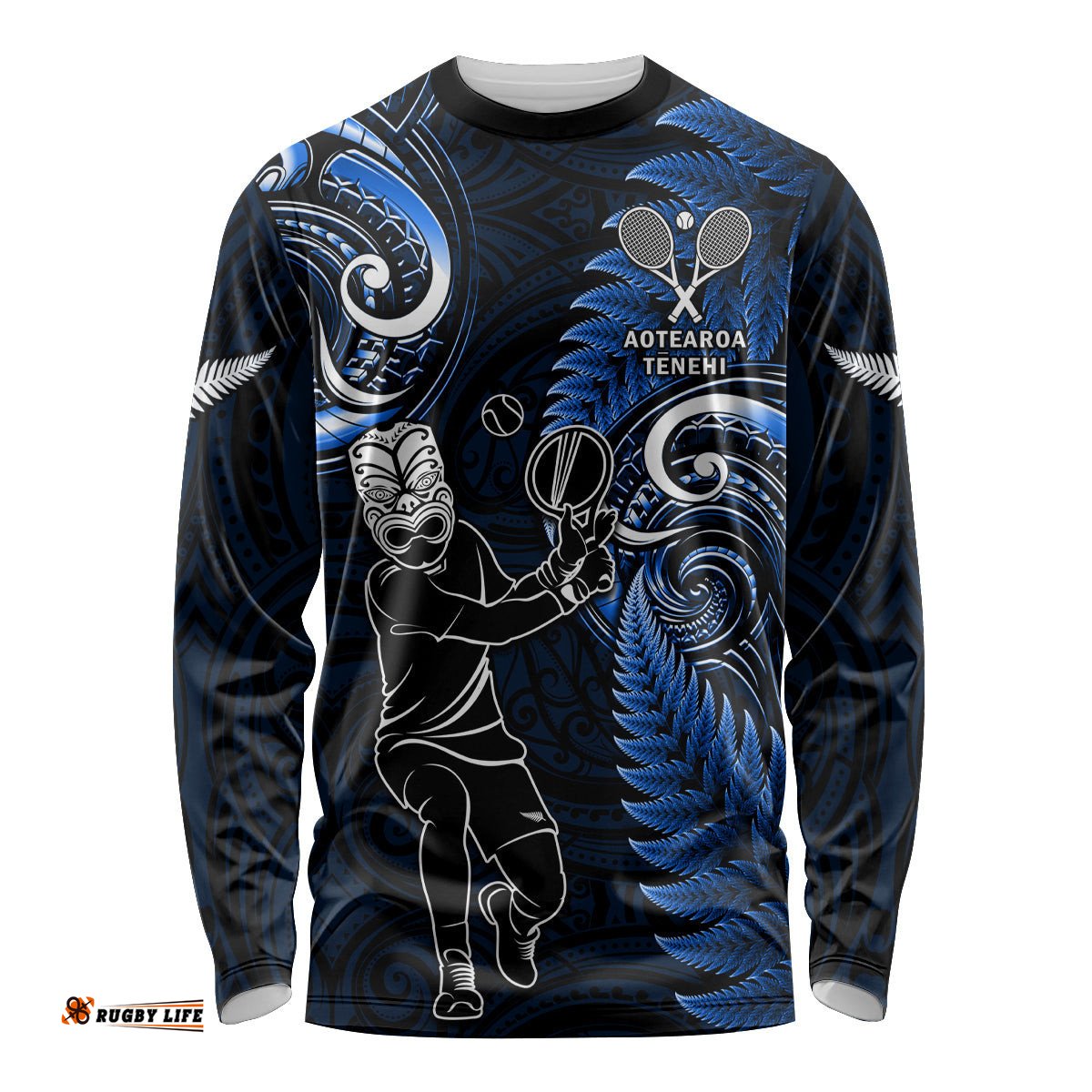 Custom New Zealand Tiki Tennis Long Sleeve T-shirt 2024 Aotearoa Tenehi Maori Silver Fern Blue