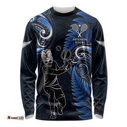 Custom New Zealand Tiki Tennis Long Sleeve T-shirt 2024 Aotearoa Tenehi Maori Silver Fern Blue
